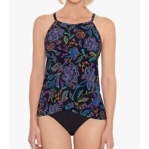 Swim Solutions Women's High-Neck Underwire Tankini Top Black Floral 24W NWT